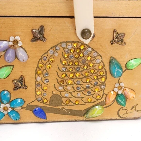 Enid Collins Of Texas 1960's Wood Box Purse "Busy‎ Bees" Boho Vintage Handbag - Picture 6 of 13
